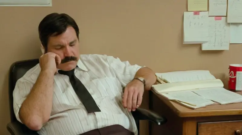 La habitación es un espacio desordenado y cansino ocupado por un hombre adulto medio que se sienta en una silla junto a su escritorio