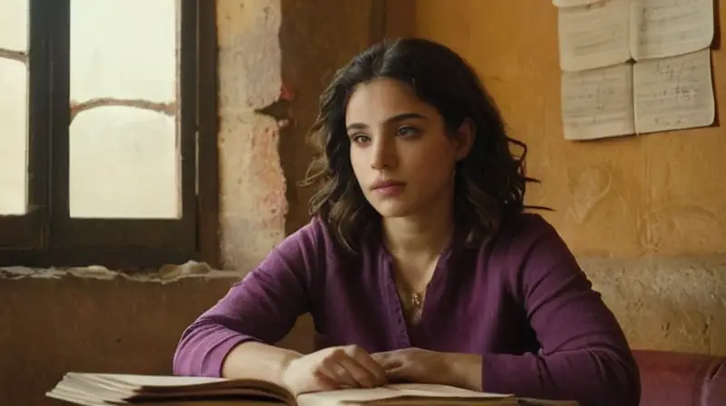 La joven se sienta con una expresión seria, profundamente absorta en sus estudios