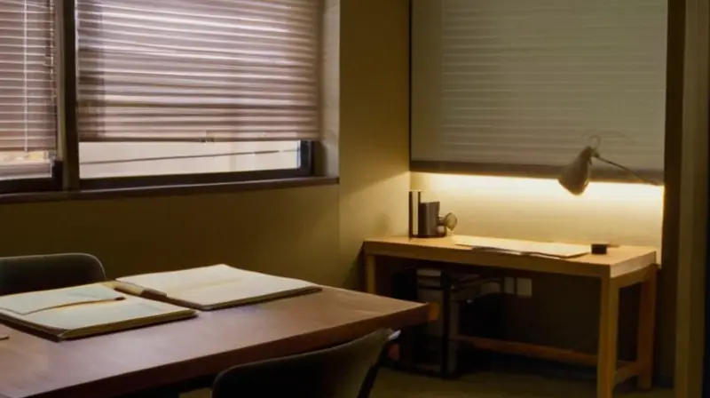 Una habitación iluminada débilmente con un ordenador apoyado en una mesa de madera y papeles desordenados