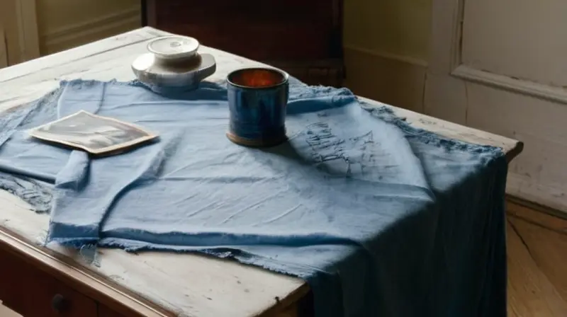 Un escritorio de madera desgastada con una servilleta azul desteñida cubre su borde y un pesado papel transparente se encuentra sobre él