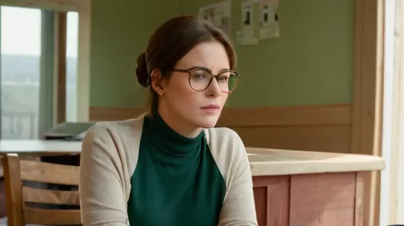 Una mujer joven sentada en una silla de escritorio con toallas antiguas rodeada por un ambiente tranquilo y soleado