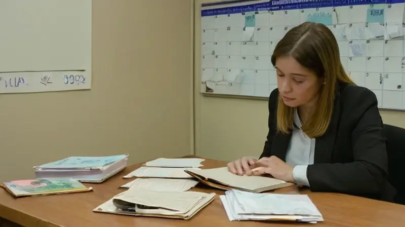 Una joven mujer sentada en una mesa de madera y escritorio con objetos de oficina desgastados y obsoletos rodea su expresión angustiada