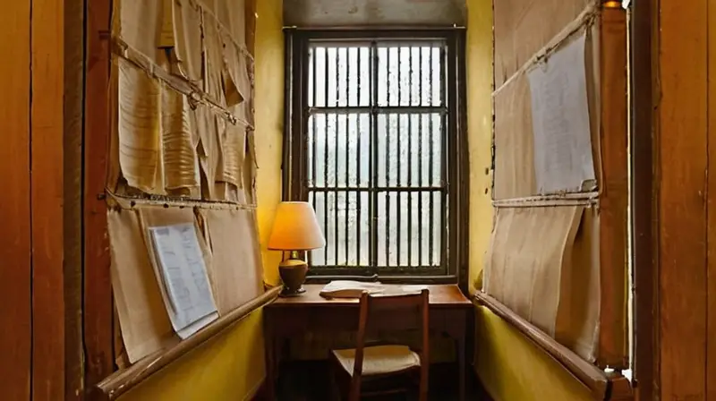 Una puerta antigua deja entrever un interior con un escritorio antiguos muebles y una fuente de luz suave y cálida