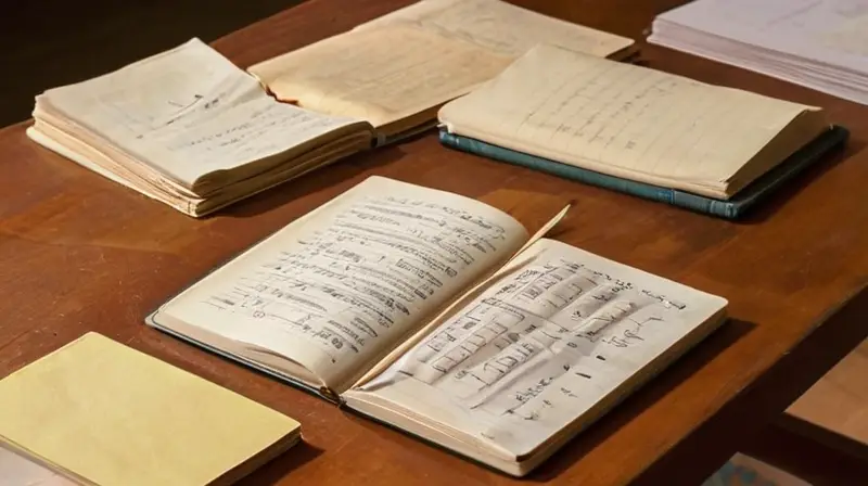 Un libro de texto desgastado reposa sobre una mesa desorganizada iluminada por la suave luz del atardecer