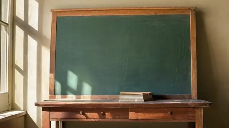 Una hoja negra de un bolígrafo se destaca sobre una pizarra verde desgastada en una habitación iluminada por la luz del sol