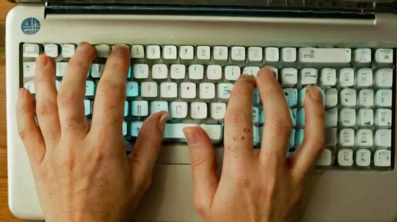 Una persona escribiendo en una computadora mientras consulta unas notas manuscritas en un diario desgastado