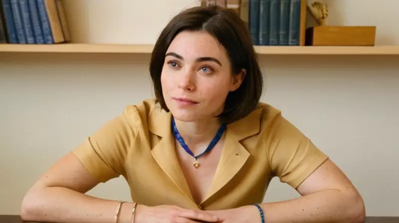 Una mujer joven se sienta en un escritorio atendiendo a un papel con letra de mano