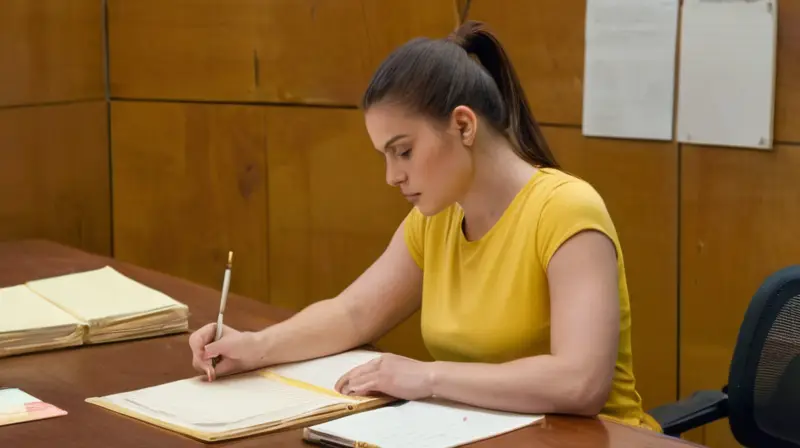 Una joven mujer está sentada frente a un gran escritorio de madera, estudiando con determinación un documento al que ha anotado algunos apuntes