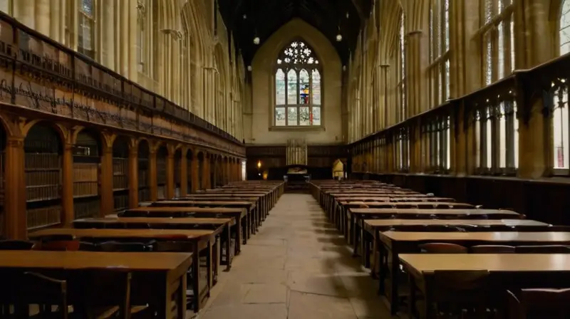 Una foto en la universidad de Oxford muestra estudiantes estudiando con fondos desenfocados pero objetos en el primer plano nítidos, iluminados por luz natural y artificial