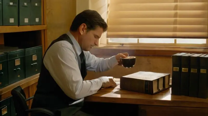 Un hombre siente su café negro en las manos cerca de sus libros legales mientras un suave resplandor solar ilumina su cara reflexiva