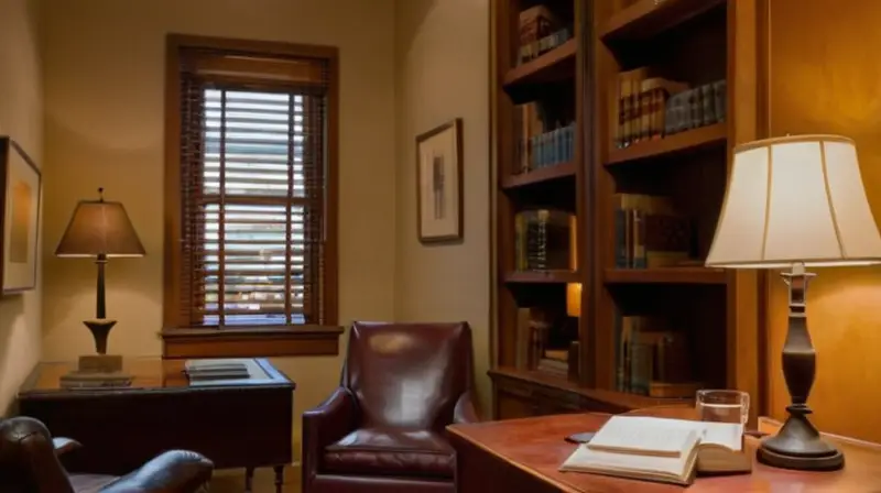 Una habitación de estudio tranquila con una lámpara y suaves luces cálidas que caen sobre un escritorio antiguo ocupado por libros legales y papeles