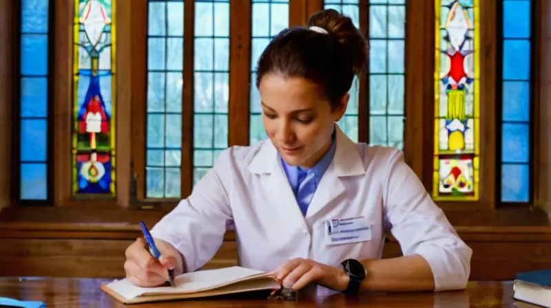 Una mujer con un delantal blanco atiende la consulta médica en una habitación pequeña con ventanaos de vidrio estampado