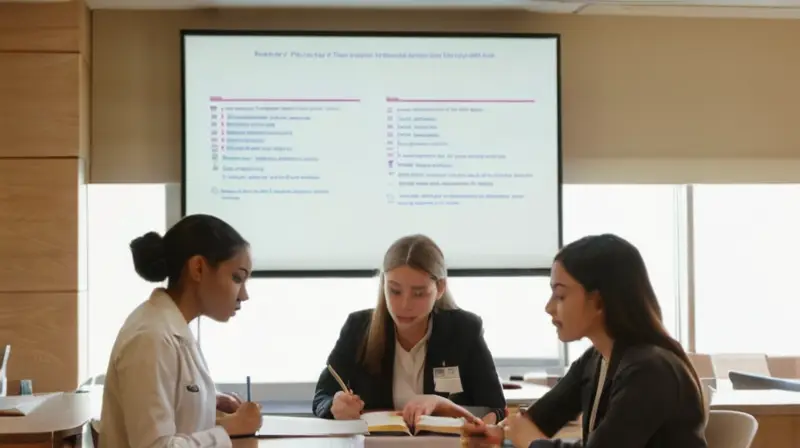 Una joven universitaria y dos jóvenes profesionales de medicina revisan apuntes y materiales en una sala con un ambiente calmado e informático
