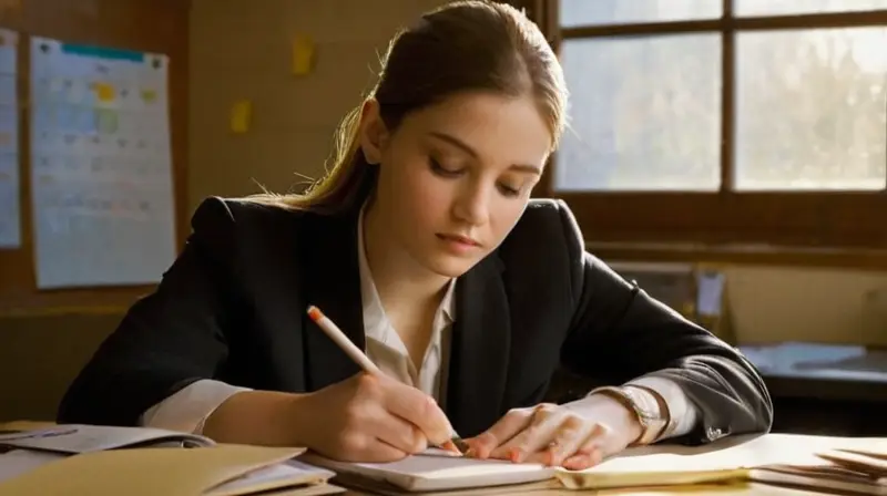 Un joven profesional estudia en un escritorio desordenado bajo la luz del sol de la tarde