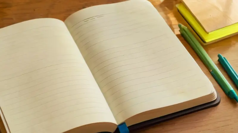 Un libro de notas está abierto en una mesa de madera con un fondo calmado iluminado por la luz del amanecer