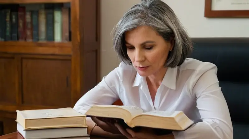 Una mujer de mediana edad estudia con concentración en una silla frente a un escritorio, rodeada por símbolos de su formación y dedicación