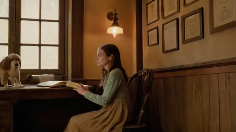 La joven se sienta en una antigua silla de madera oscura, rodeada de objetos y textos desperdigados, en un ambiente acogedor y lleno de detalles que destacan la nostalgia