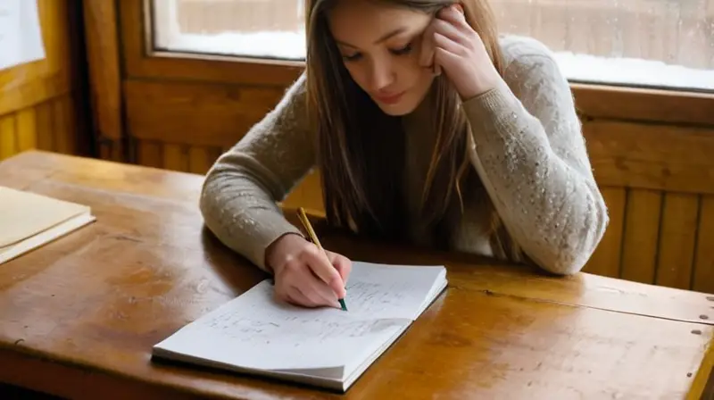 La mujer joven se sienta en una mesa de madera, concentrada en sus papeles y taza de café