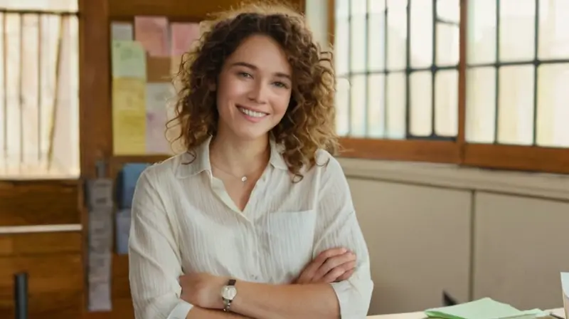 Una mujer joven se senta con confianza detrás de un escritorio descuidado, rodeada por detalles personales que reflejan su personalidad