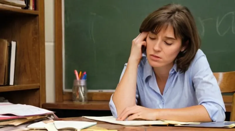 El profesor está exhausto y estresado, con ojeras y líneas de preocupación en su frente