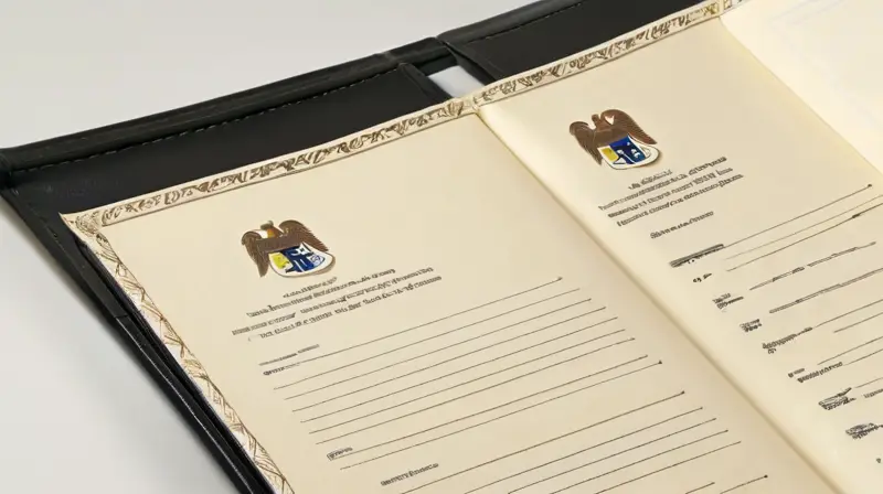 Un documento gubernamental antiguo y desgastado relativo a los requisitos para opositar como celador se encuentra abierta en una encuadernación de cuero