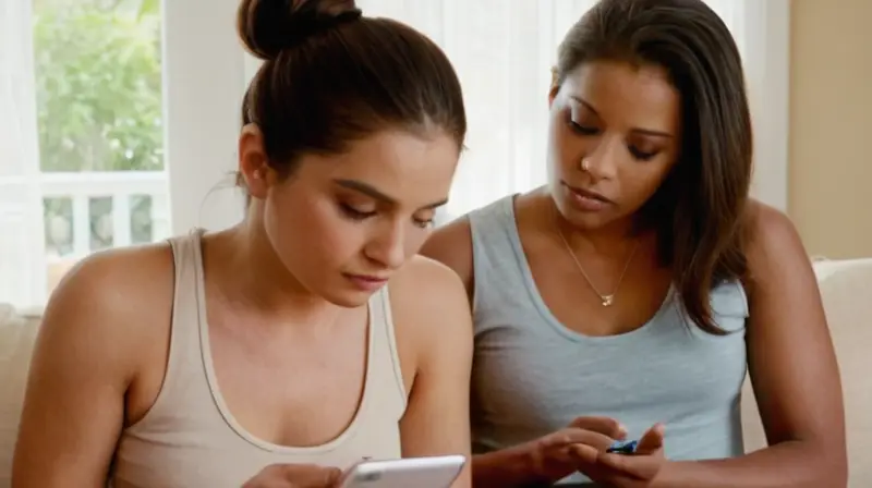 Una joven latinoamericana se sienta con sus preocupados padres en un hogar modesto, reflexionando sobre algo que ve en su teléfono móvil mientras disfruta de una taza de café