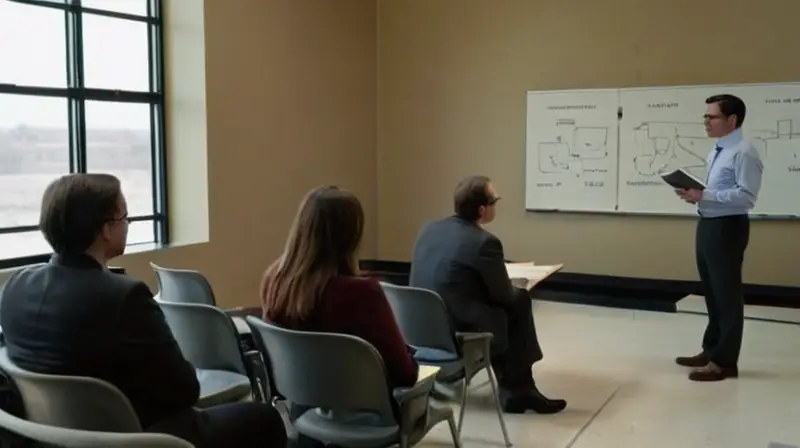 Un grupo de personas están sentadas en un auditorio rodeado por luces amarillas que arman sombras largas, observando con interés una pizarra blanca con diagramas complejos