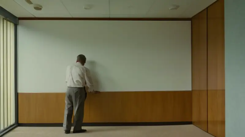 La escena muestra un individuo de espaldas sentado a una mesa de madera oscura con iluminación suave, rodeada por una habitación desaparejada y anticuada