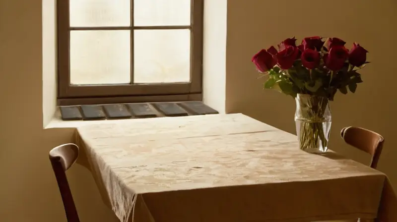 Una mesa con un mantel de madera desgastado acogía una decorativa composición de rosas en un vaso sobre un fondo difuso y relajante
