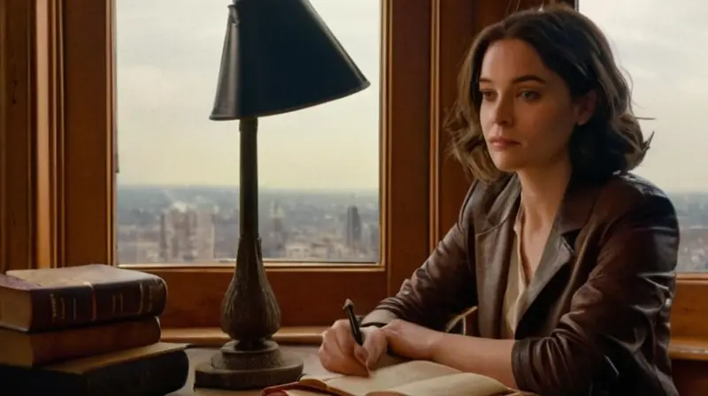 Una joven universitaria estudia en una habitación iluminada por la suave luz de una lámpara mientras rodea el ambiente con un aura de tranquilidad y elegancia