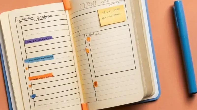 En un desordenado estudio hay un cuaderno de cuero abierto con notas escritas a mano y diagrams gráficos