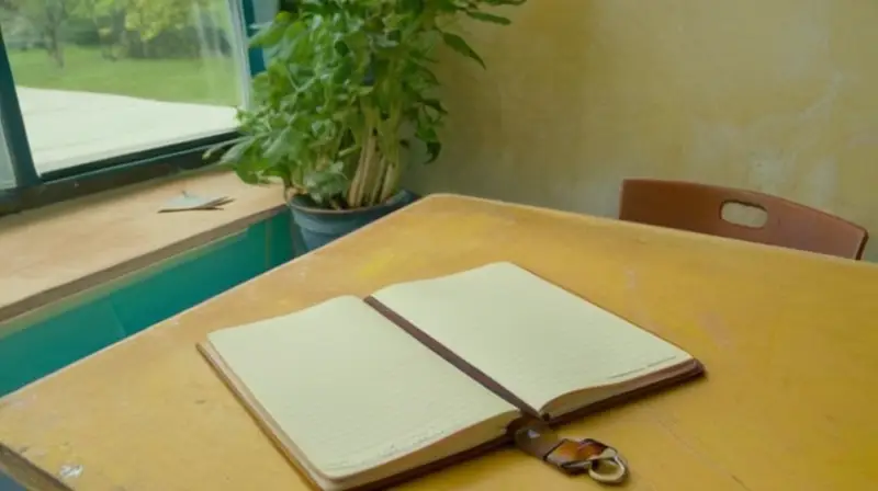 Una joven sostiene un cuaderno desgastado en una habitación sencilla con luces fluorescentes que proyectan sombras en sus paredes amarillas sucias