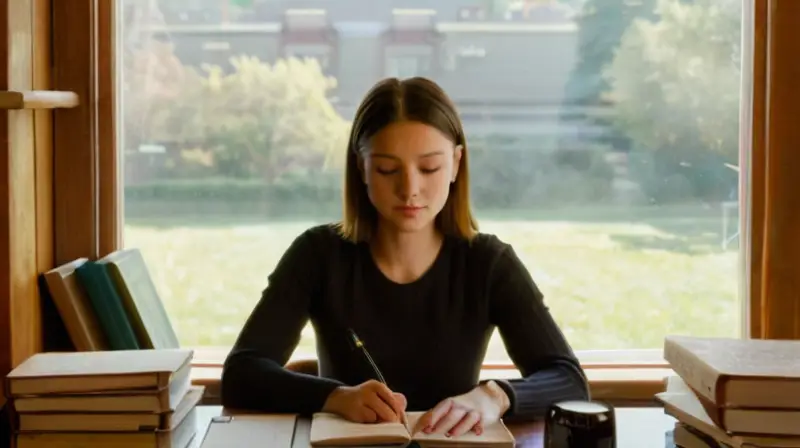 Una joven adulta estudia en un espacio acogedor con paredes de madera y una mesa grande detrás de la cual hay varios dispositivos electrónicos