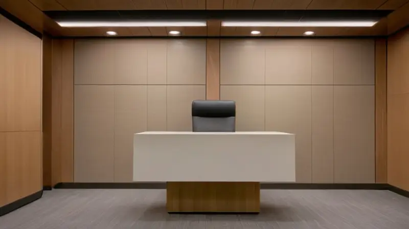 La oficina moderna consiste en paredes de beige claro, iluminación fluorescente y piso con alfombra marrón suave