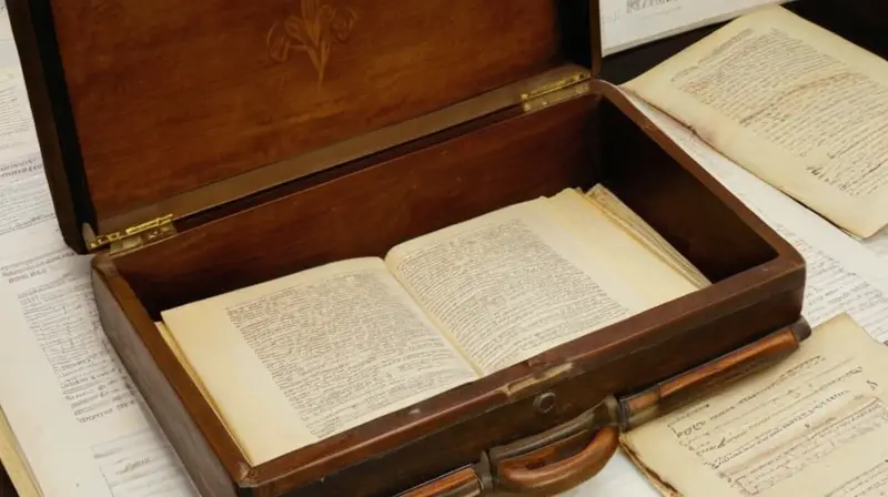 Un documento viejo se encuentra abierta en una mesa desordenada, rodeado de objetos y notas dispares