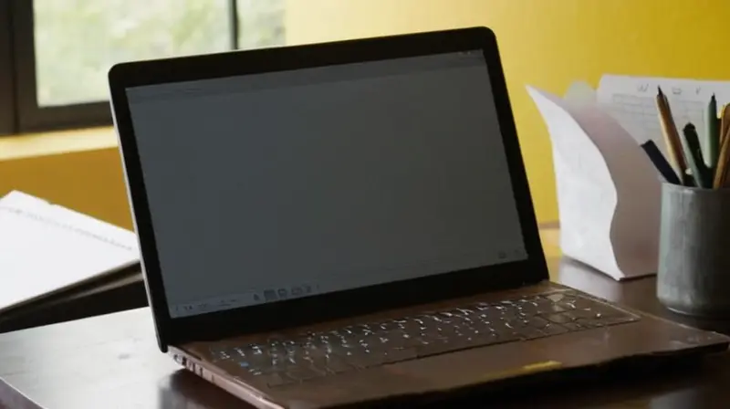 La habitación está iluminada por la suave penumbra de las luces fluorescentes y se ve un espacio tranquilo y enfocado rodeado de objetos como una mesa vieja, un portátil y notas escritas a mano