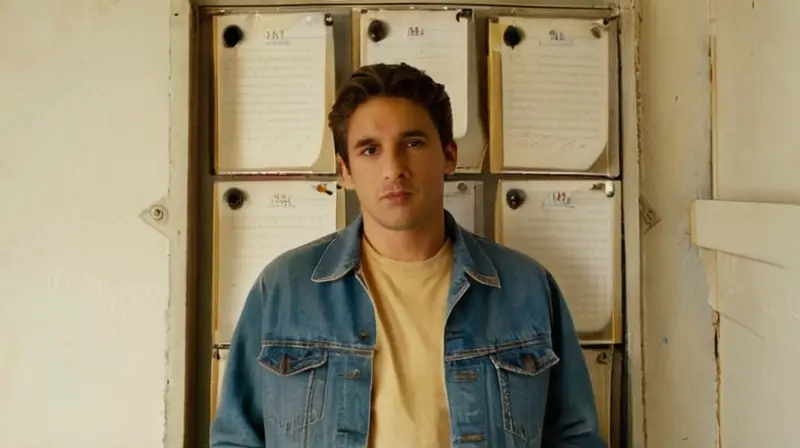 Un hombre con un aspecto cansado se queda de pie frente a una pared con tablones informativos en un despacho sencillo y descuidado