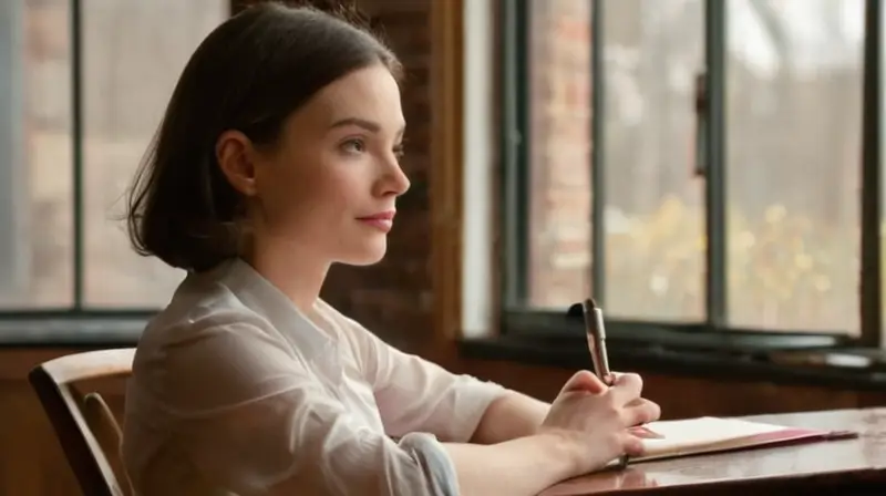 La joven mujer está sentada con la cabeza baja y las manos juntas en una mesa de madera oscura, enfocada en algo