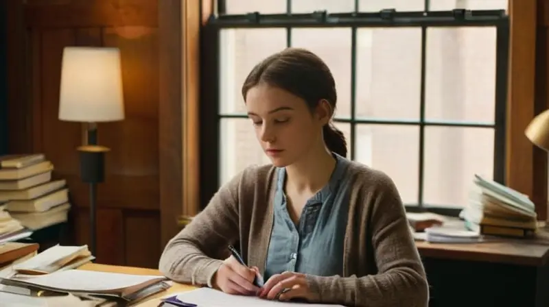 Un joven se concentra intensamente en un papel con notas mientras está sentado en una mesa desordenada iluminada por la luz del sol