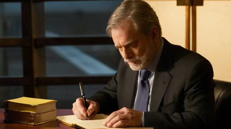 Un hombre de cierta edad está sentado en un despacho iluminado débilmente por una lámpara que proyecta una luz cálida sobre su rostro