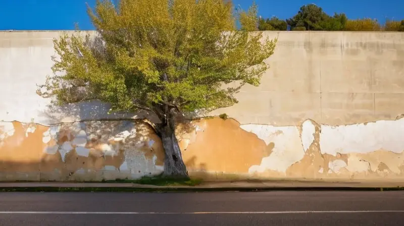 Un edificio antiguo con una fachada en dinteles de piedra o hormigón desgastados está reflejado contra un cielo brillante y azul
