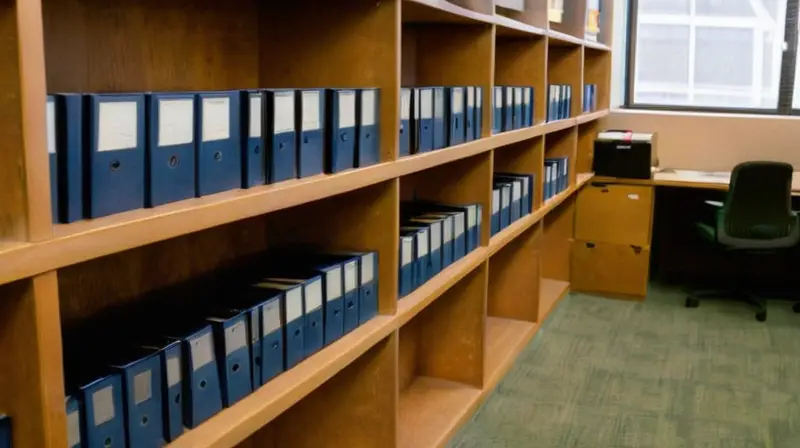 Un espacio de oficina apretadamente amueblado se muestra con elementos como escritorios, armarios y ventanas iluminadas por la luz del sol