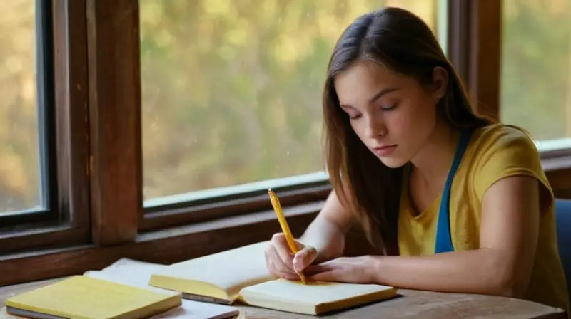 Una joven mujer estudia intensamente en una mesa de madera