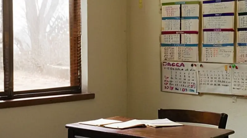 Una habitación de clase universitaria presentaba un ambiente descuidado con paredes y mobiliario antiguo y desgastado