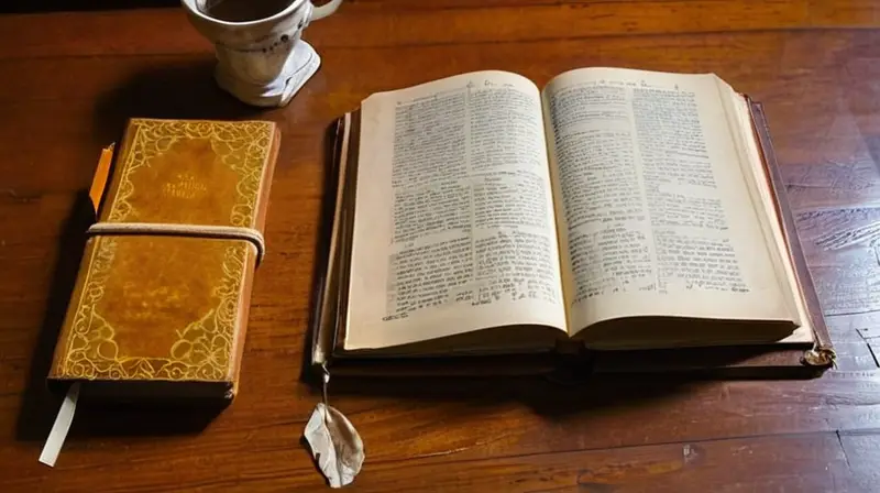 Un viejo libro encuadernado en cuero marrón descansa sobre un escritorio desordenado