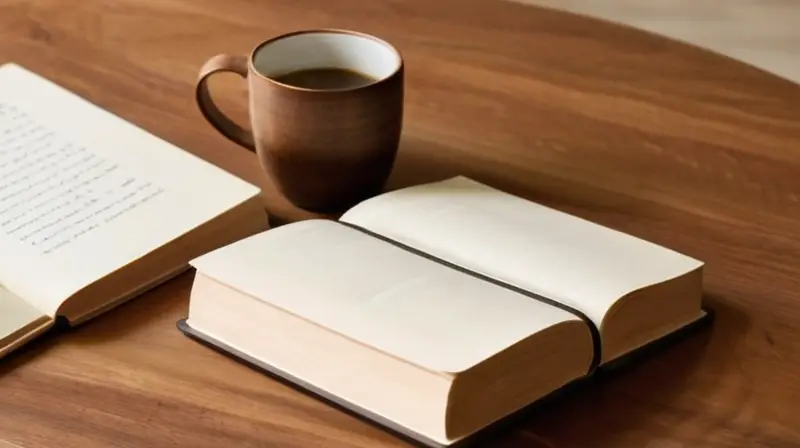 Un cuaderno desgastado y de cubierta marrón reposa abierto sobre una mesa de madera oscura con un borde de café en el libro
