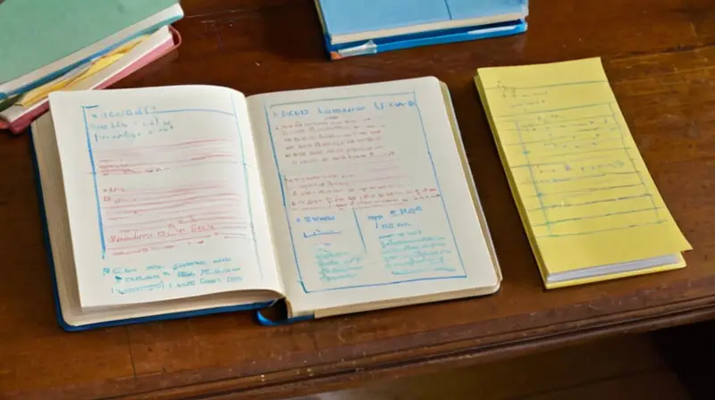 Sobre un escritorio de madera hay varios elementos: un libro antiguo abierto, una penca de archivos amarillentos y un tablero de anotacones cubierto