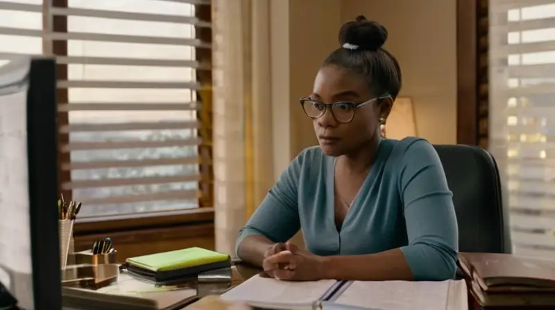 Una mujer con cabello oscuro y gafas se sienta frente a una ventana iluminada