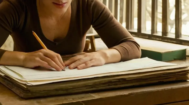 Una mujer trabajadora examina documentos con intensidad mientras el crepúsculo entra por la ventana iluminándole