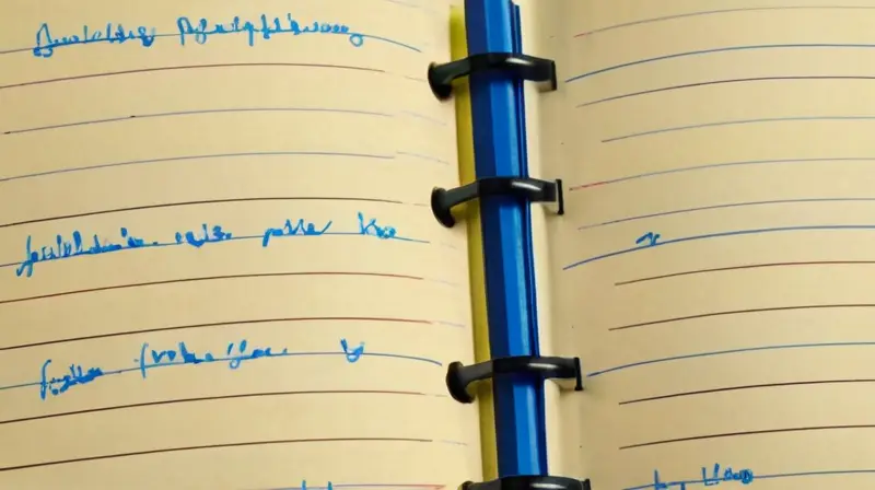 La imagen muestra una libreta de notas con páginas cremosas y texto cursivo azul en un espacio ordenado